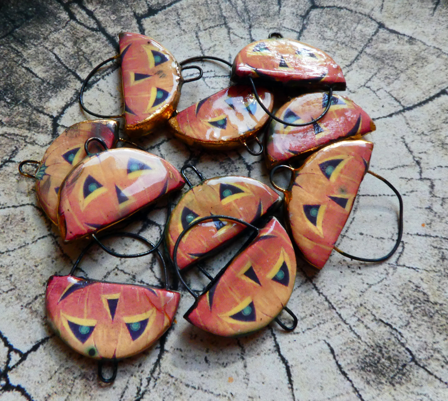 Ceramic Vintage Pumpkin Decal Earring Connectors