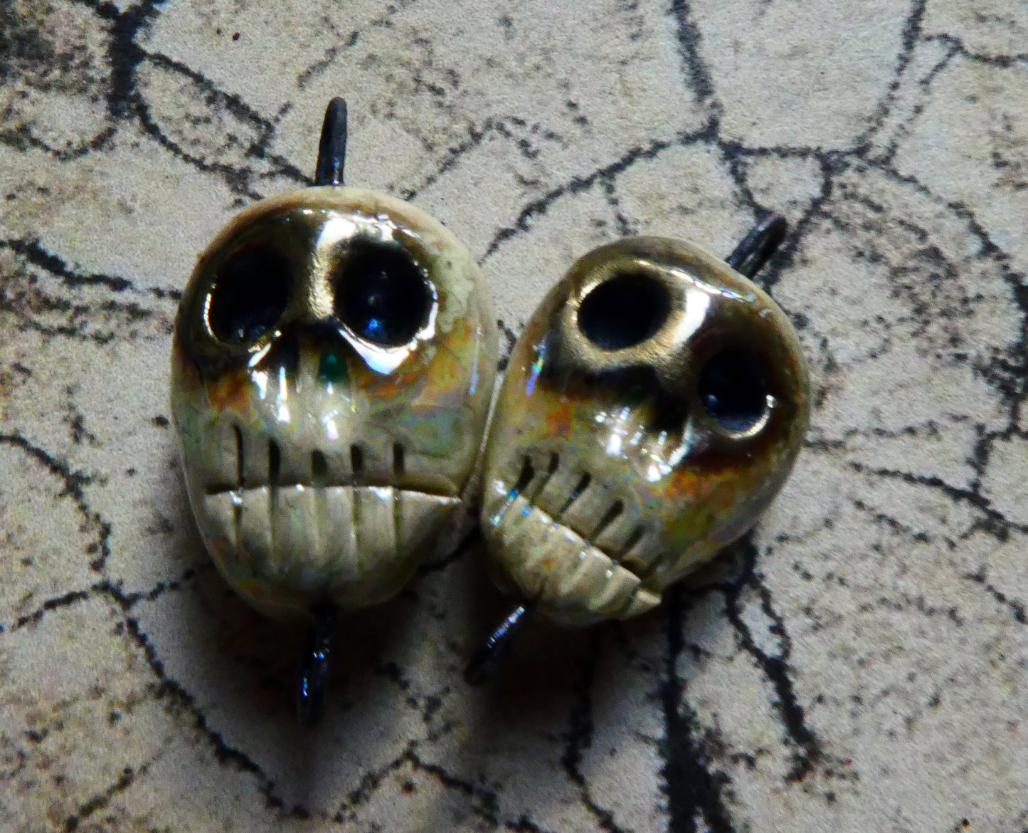 Ceramic Skull Earring Connectors - Crackle and Mother of Pearl Lustre