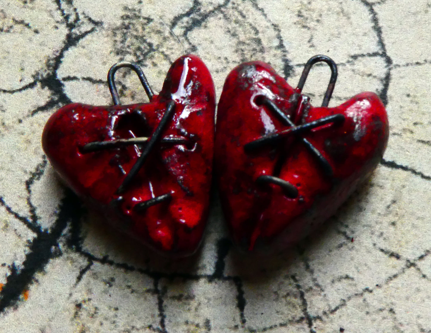Ceramic Stapled Red Hearts Earring Charms