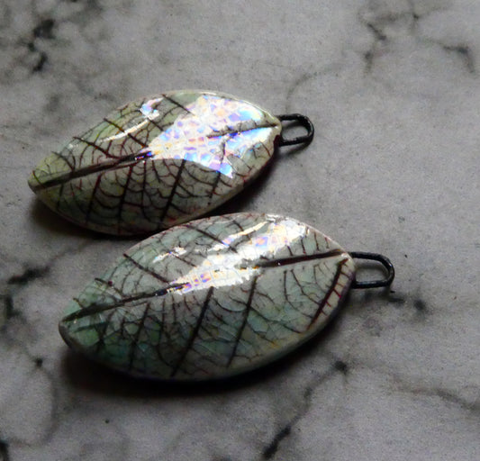 Porcelain Bleeding Leaf Charms with Mother of Pearl Lustre