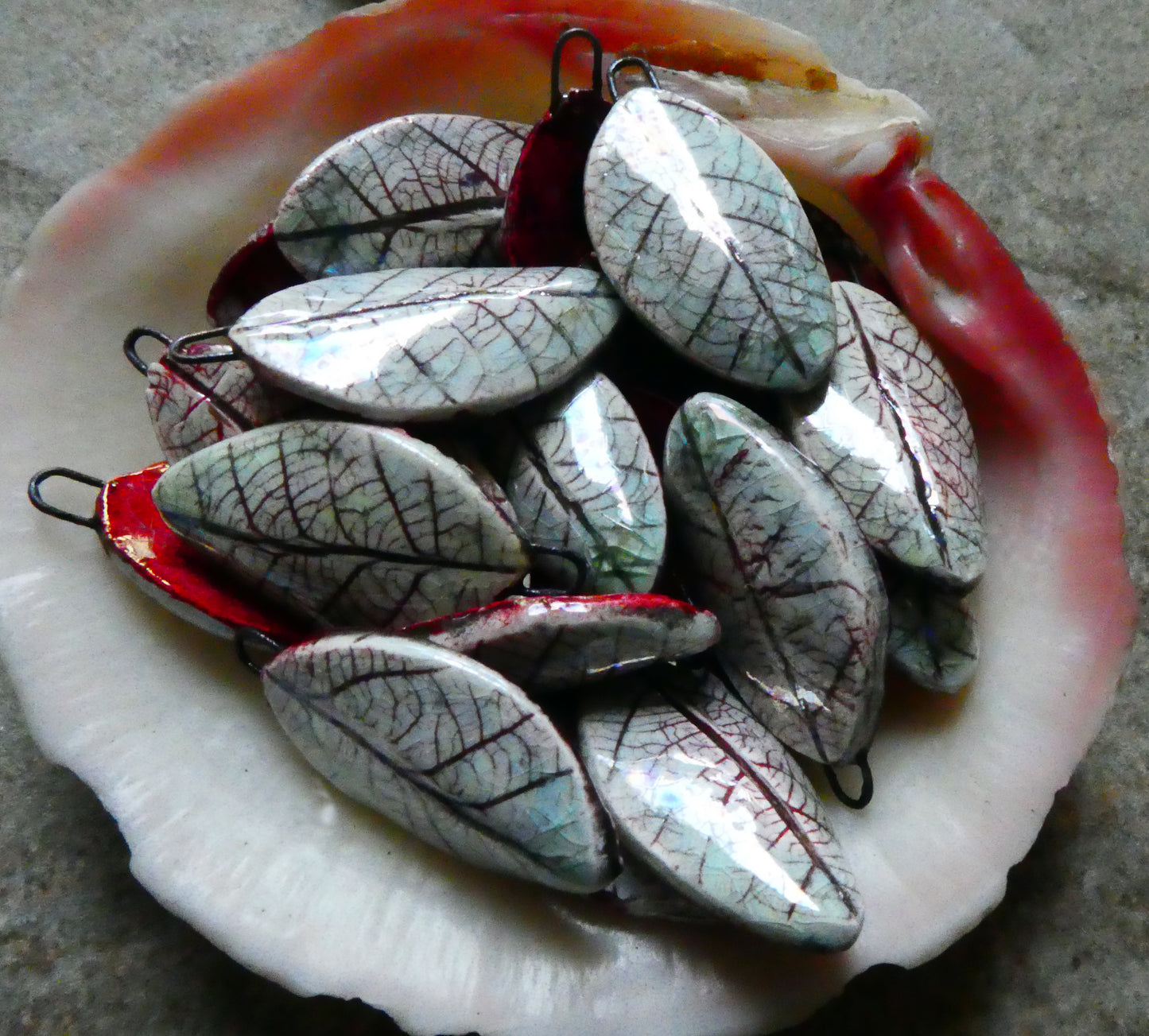 Porcelain Bleeding Leaf Charms with Mother of Pearl Lustre