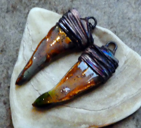 Ceramic Wire Wrapped Curved Dagger Earring Charms - Amber Ash