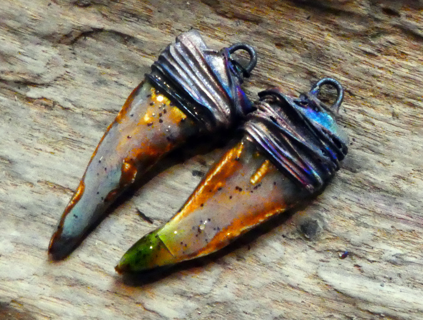 Ceramic Wire Wrapped Curved Dagger Earring Charms - Amber Ash