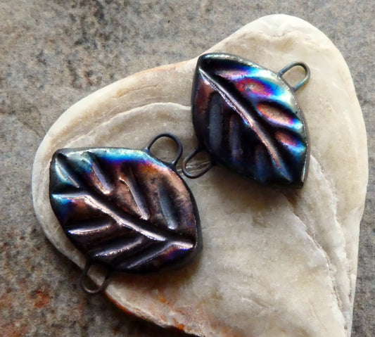 Ceramic Little Leaf Earring Connectors - Scorched Pewter