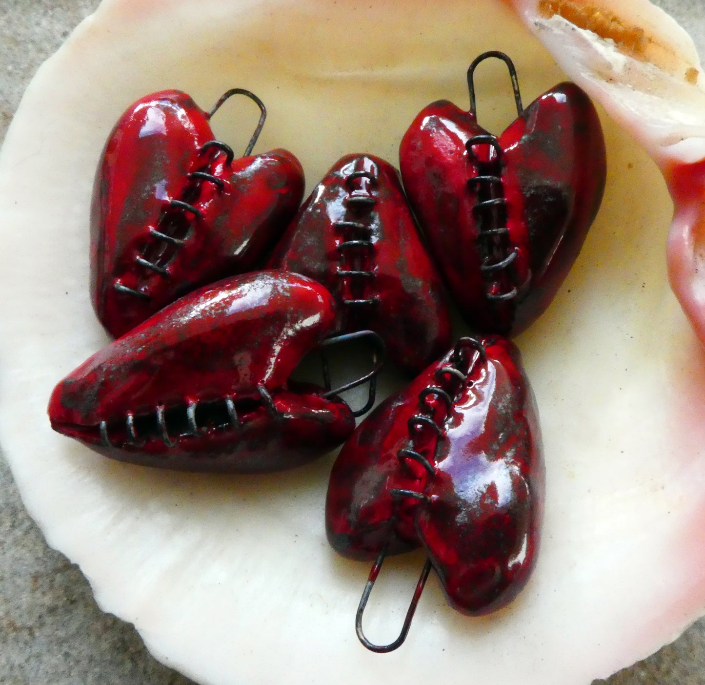 Ceramic Stapled Red Heart Mini Pendant #2