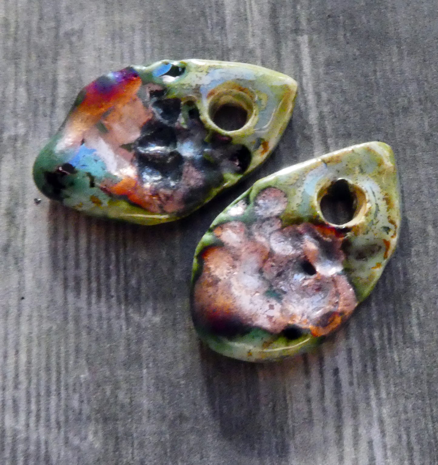 Ceramic Textured Scorched Slice Earring Charms - Spotted Malachite