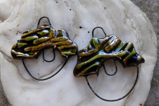 Ceramic Textured Two Hoop Earring Connectors - Olive