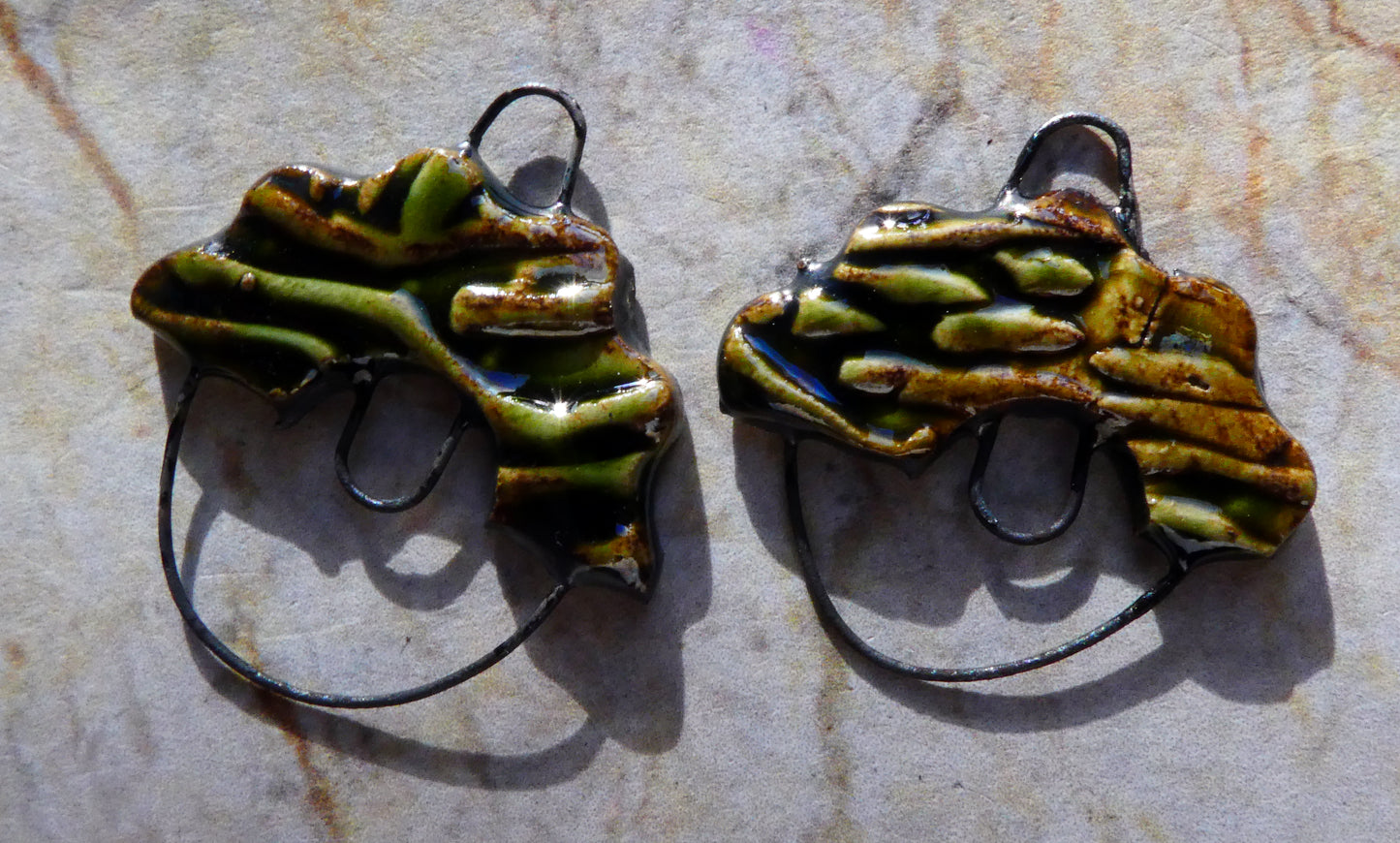 Ceramic Textured Two Hoop Earring Connectors - Olive