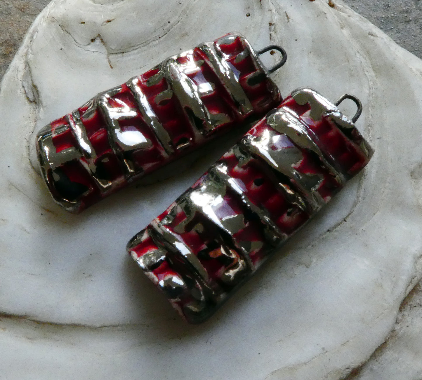 Ceramic Textured Tablet Earring Charms -Ruby