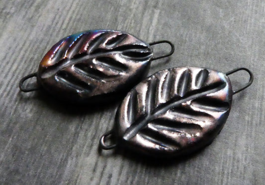 Ceramic Little Leaf Earring Connectors - Scorched Pewter #2