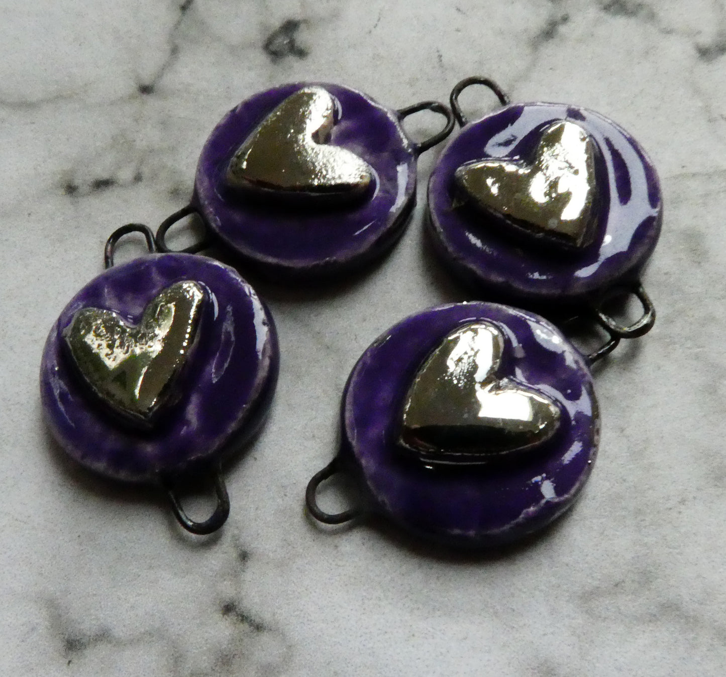 Ceramic Moulded Heart Earring Connectors - Dark Purple