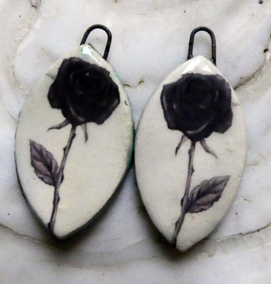 Ceramic Black Rose Decal Earring Charms