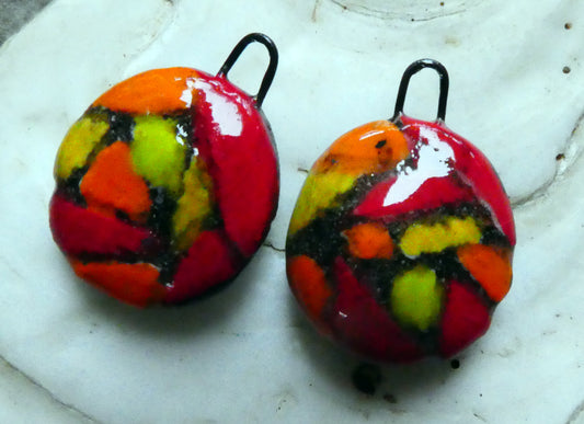 Ceramic Sgraffito Disc Earring Charms -  Red and Orange