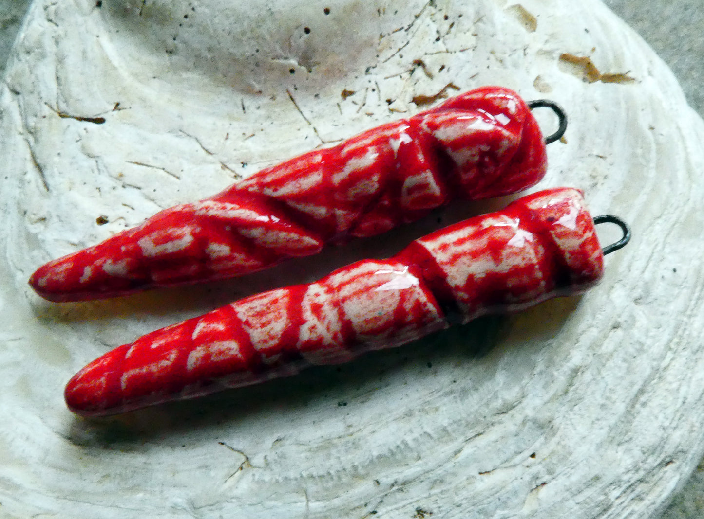 Ceramic Incised Long Spike Earring Charms - Red