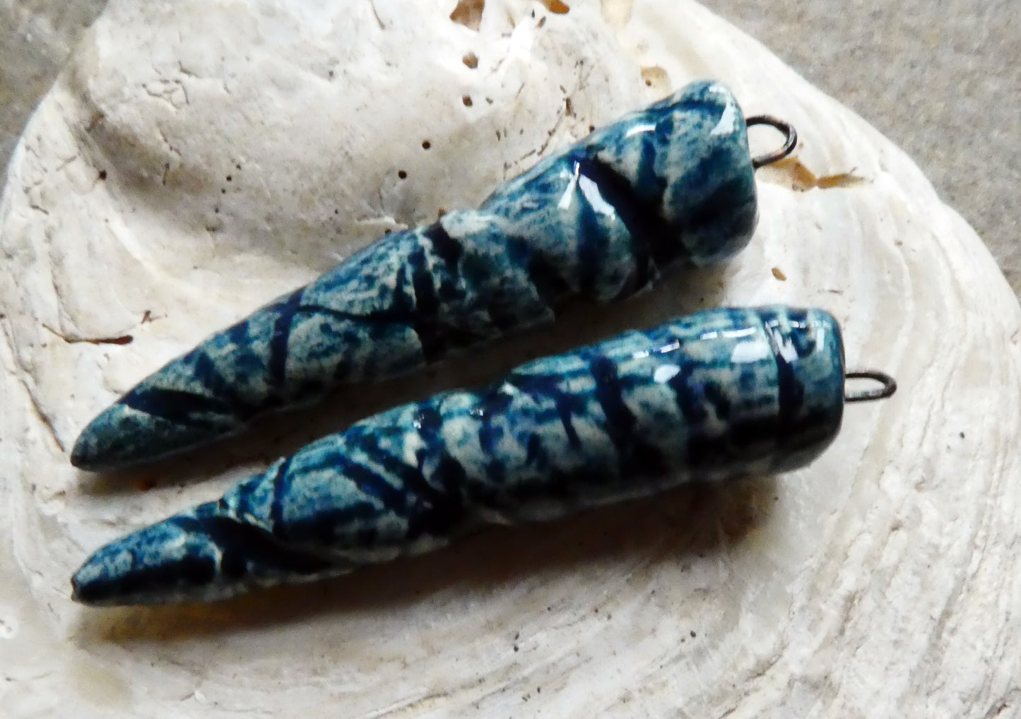 Ceramic Incised Long Spike Earring Charms - Teal