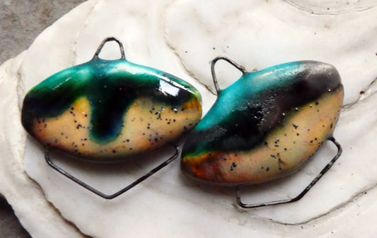Ceramic Two Tone Earring Connectors - Antique Turquoise and Amber Ash