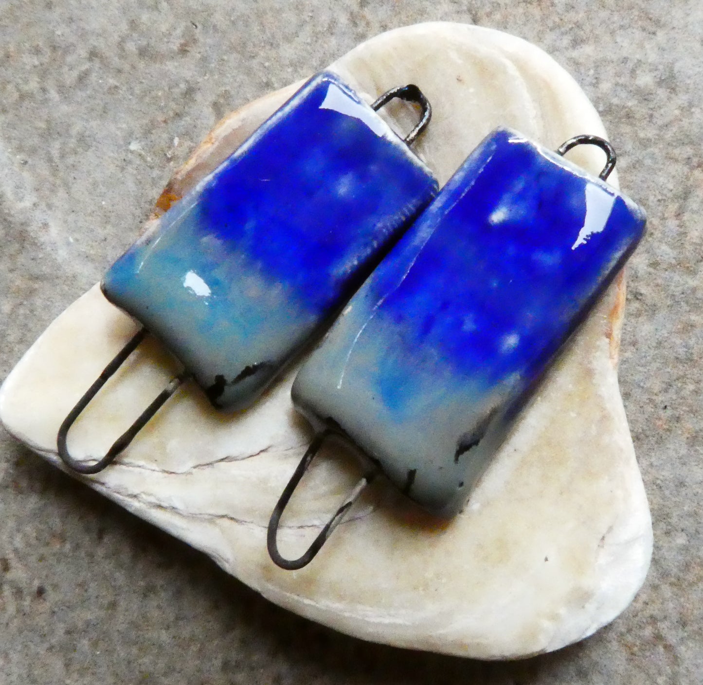 Ceramic Skinny Tablet Earring Connectors - Mirror Blue and Blue Grotto