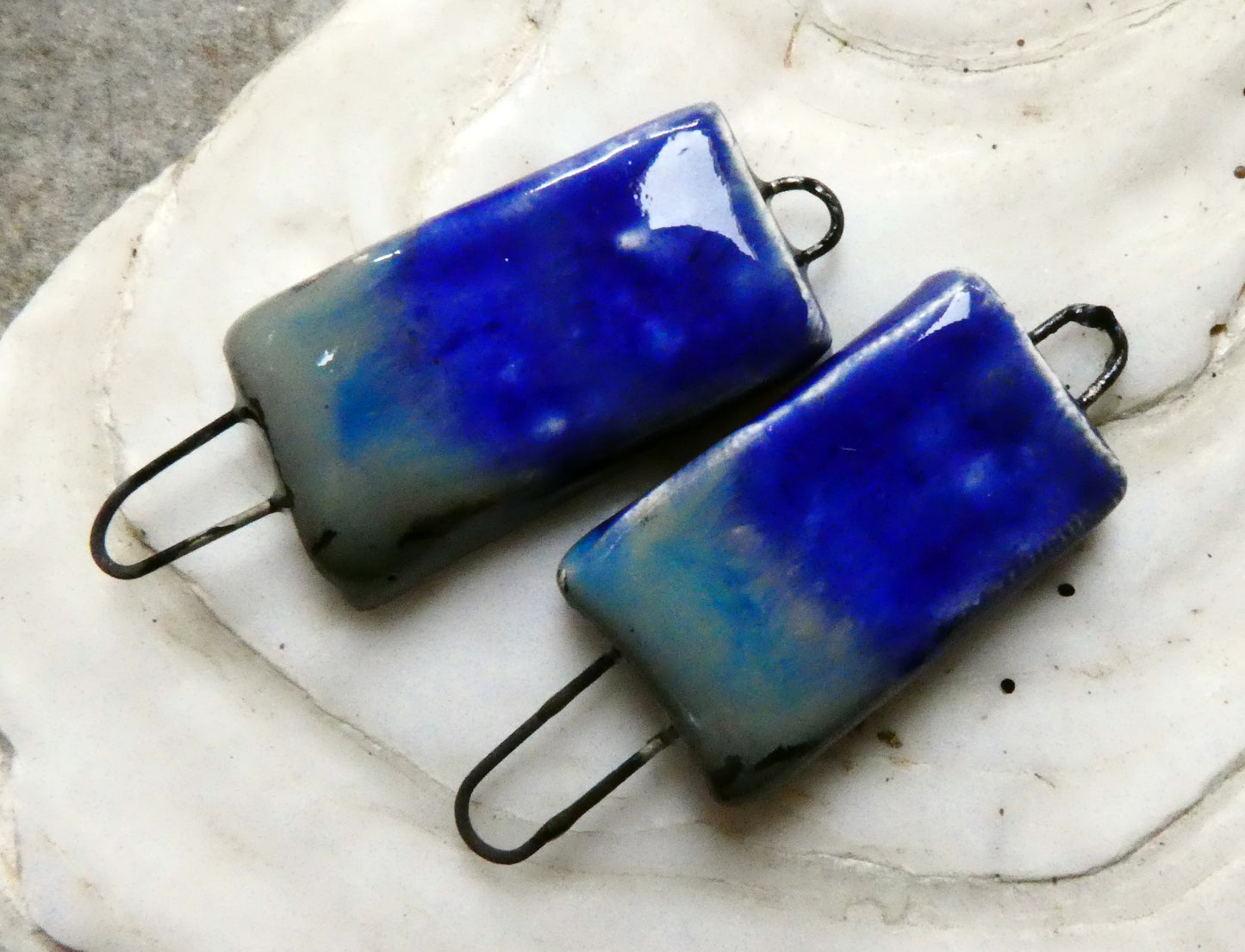 Ceramic Skinny Tablet Earring Connectors - Mirror Blue and Blue Grotto