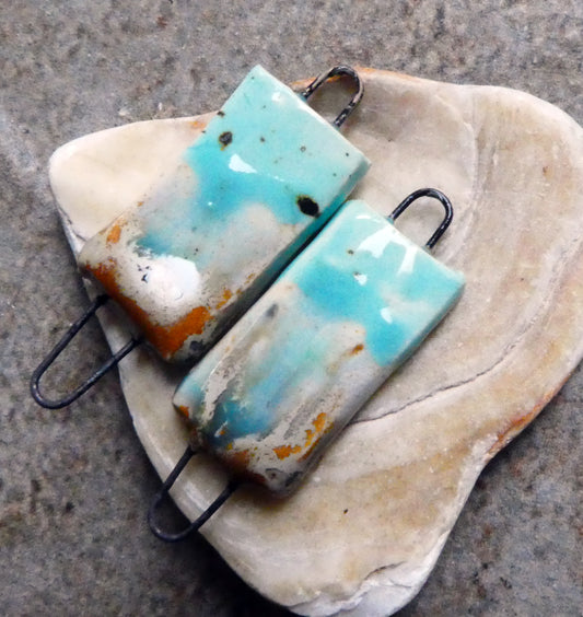 Ceramic Skinny Tablet Earring Connectors - Blue Guppy and Stone