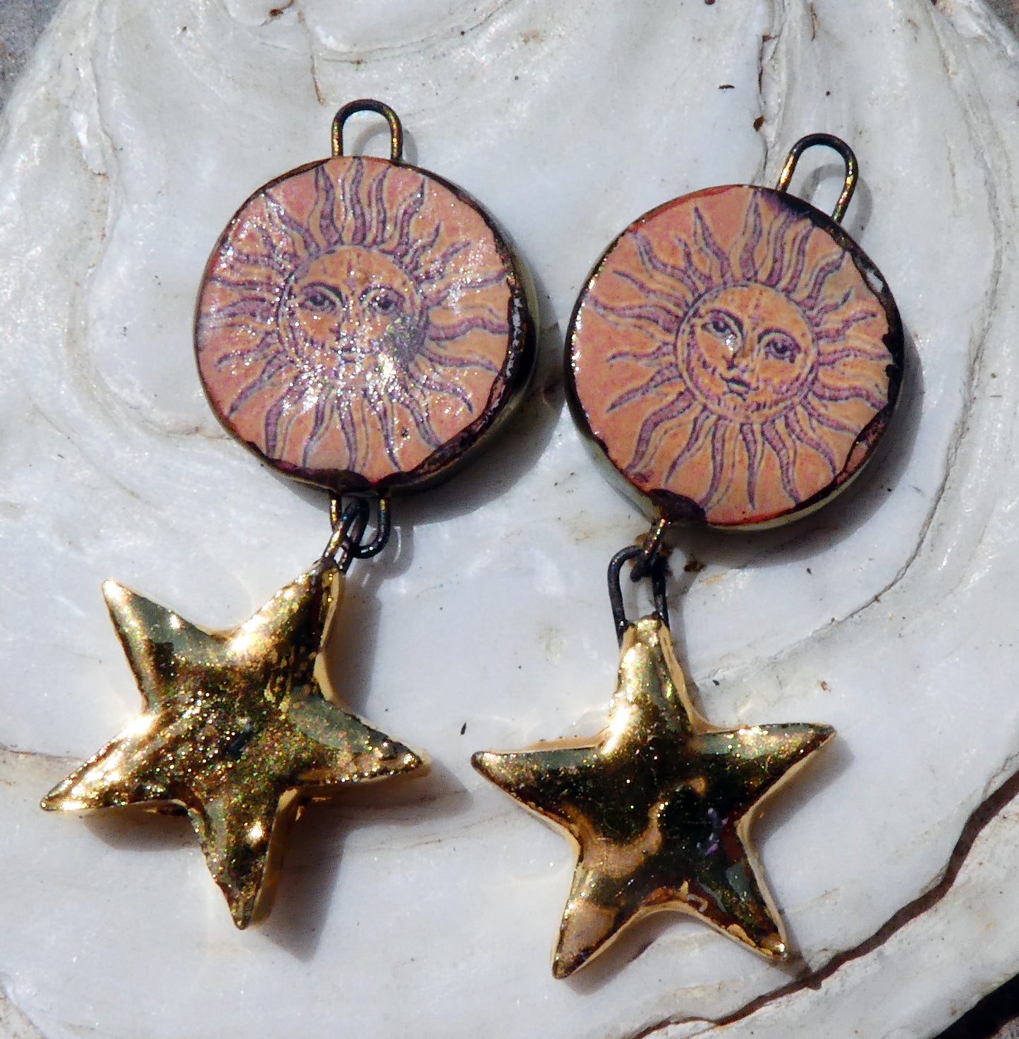 Ceramic Vintage Sun Decal and Star Earring Dangles #3