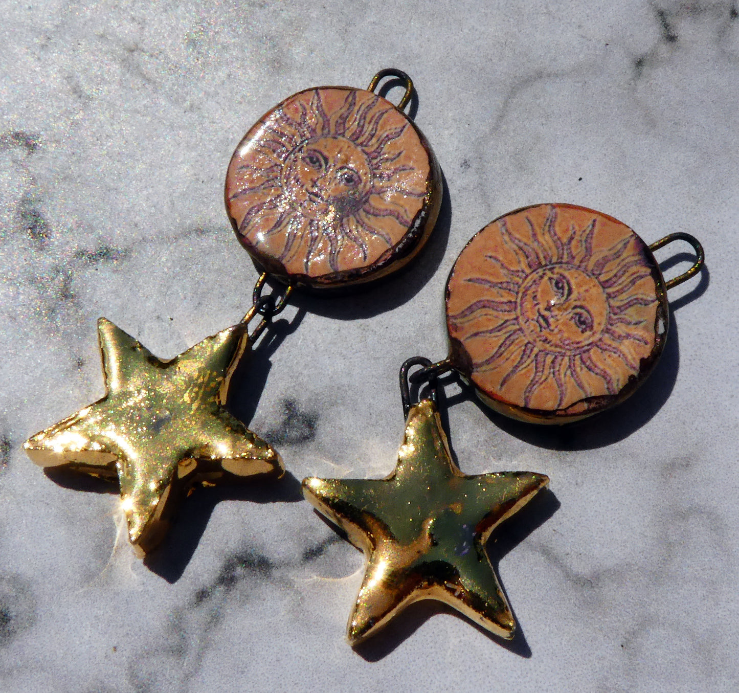 Ceramic Vintage Sun Decal and Star Earring Dangles #3