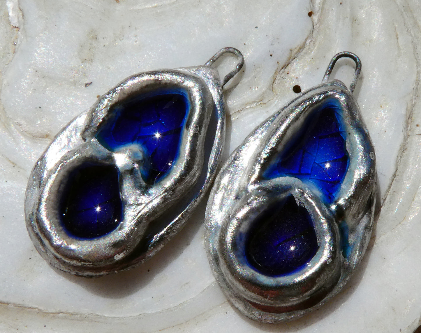 Ceramic and Silver Double Pool Enamel  Drops - Midnight and Mid Blue