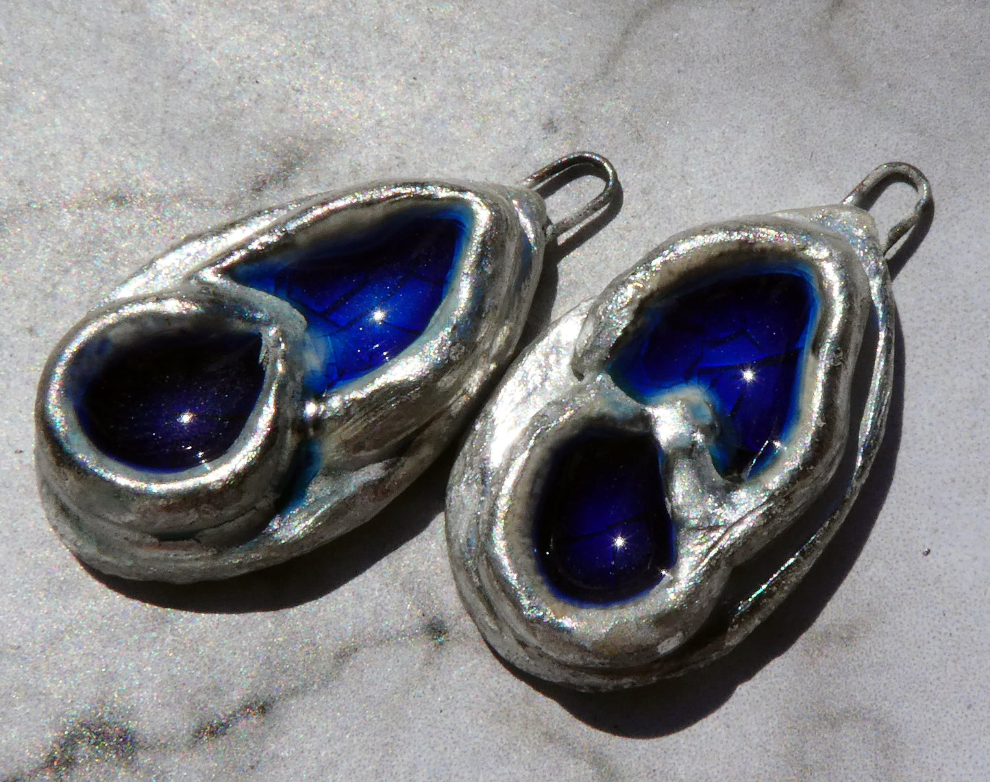 Ceramic and Silver Double Pool Enamel  Drops - Midnight and Mid Blue