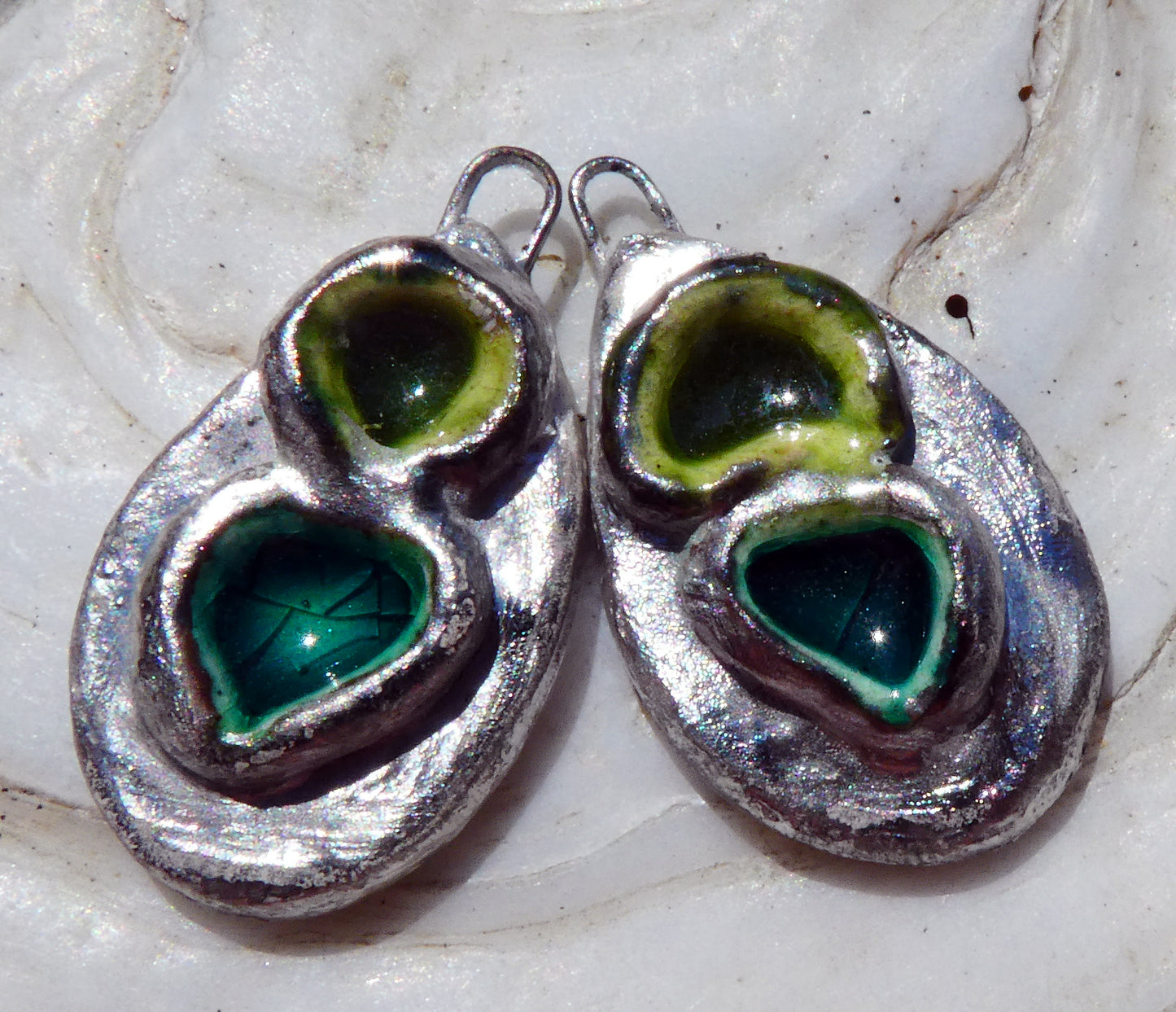 Ceramic and Silver Double Pool Enamel  Drops - Pale Olive and Bronze Green