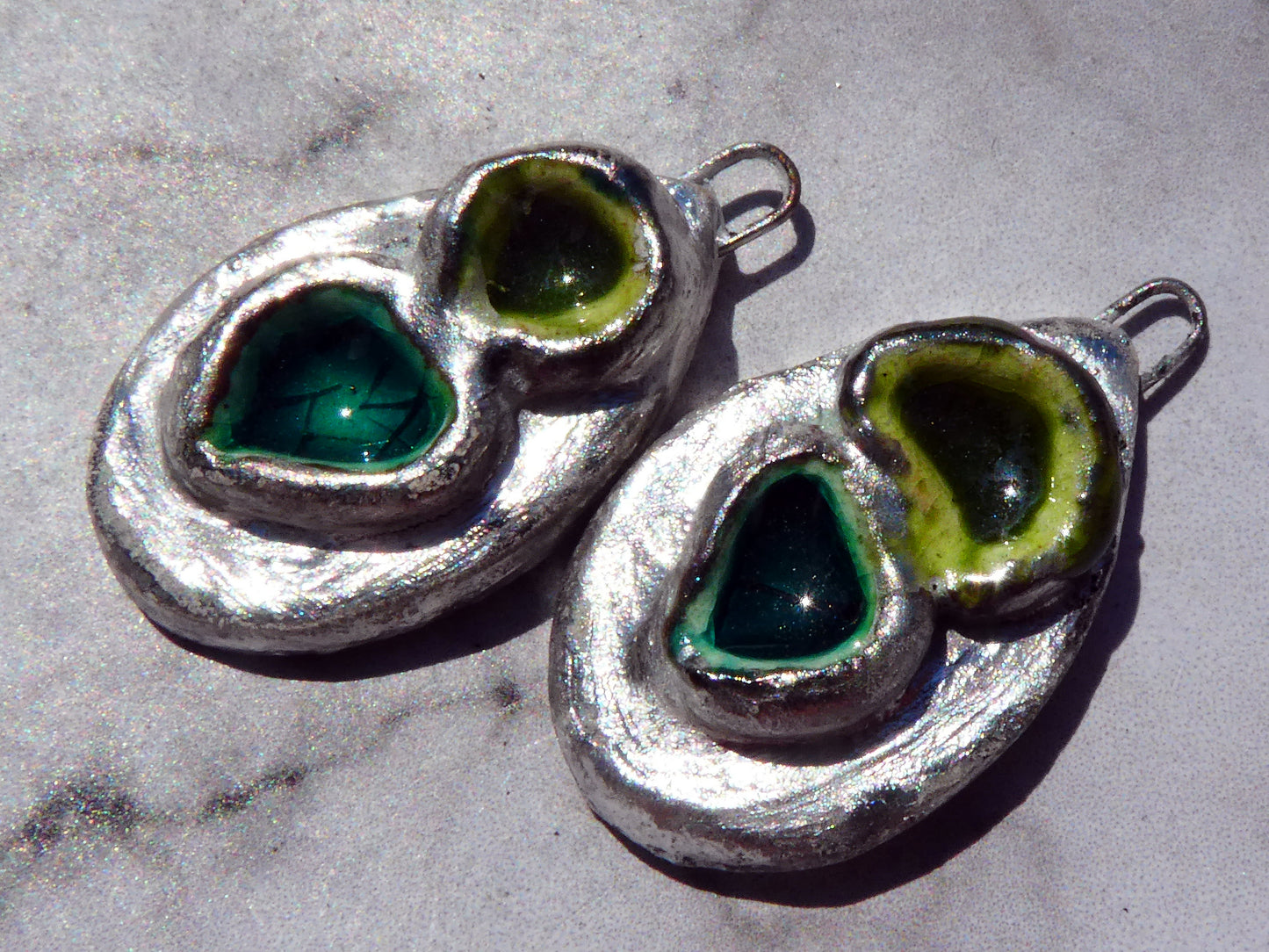 Ceramic and Silver Double Pool Enamel  Drops - Pale Olive and Bronze Green