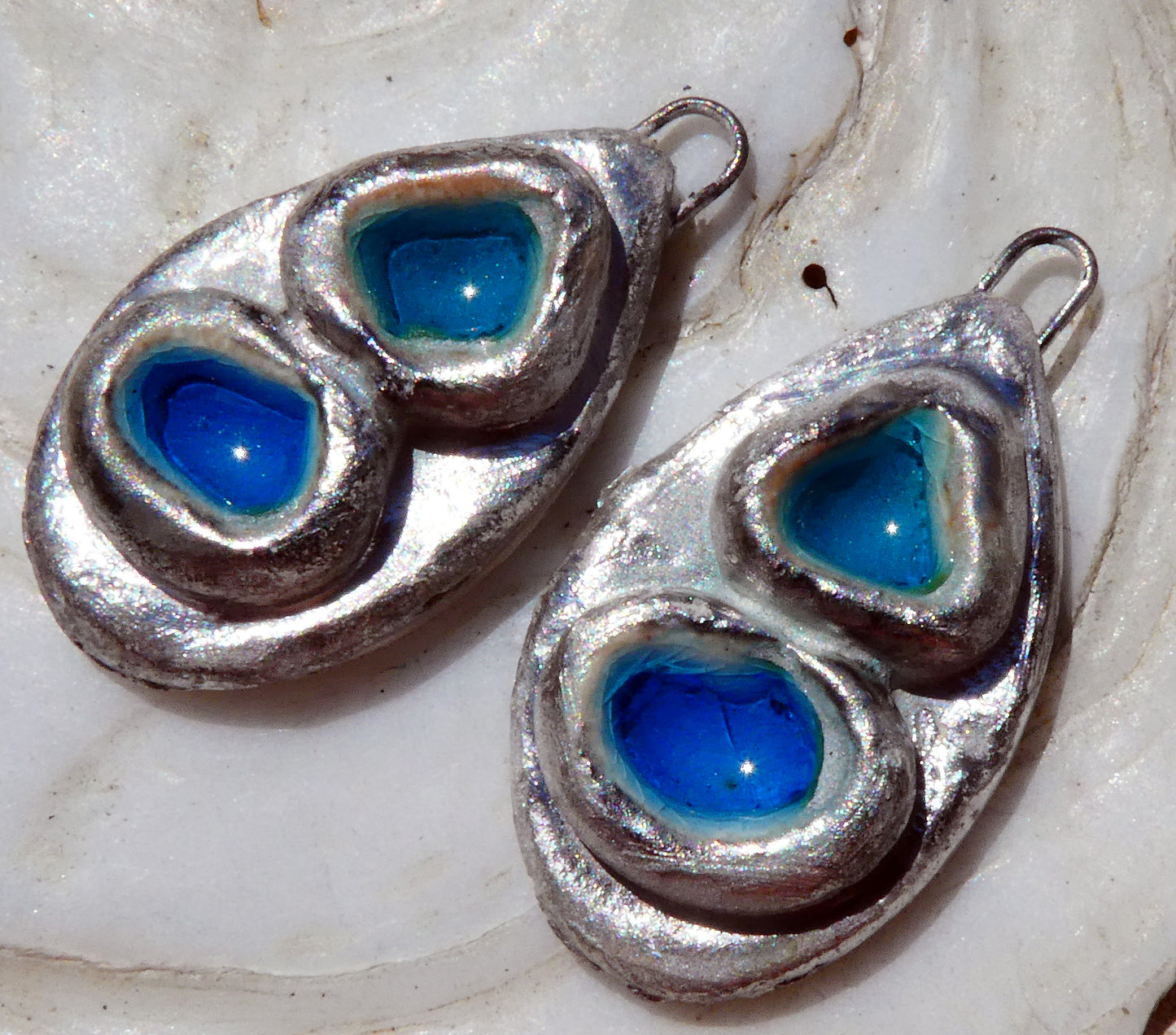 Ceramic and Silver Double Pool Enamel  Drops - Pale Turquoise and Turquoise