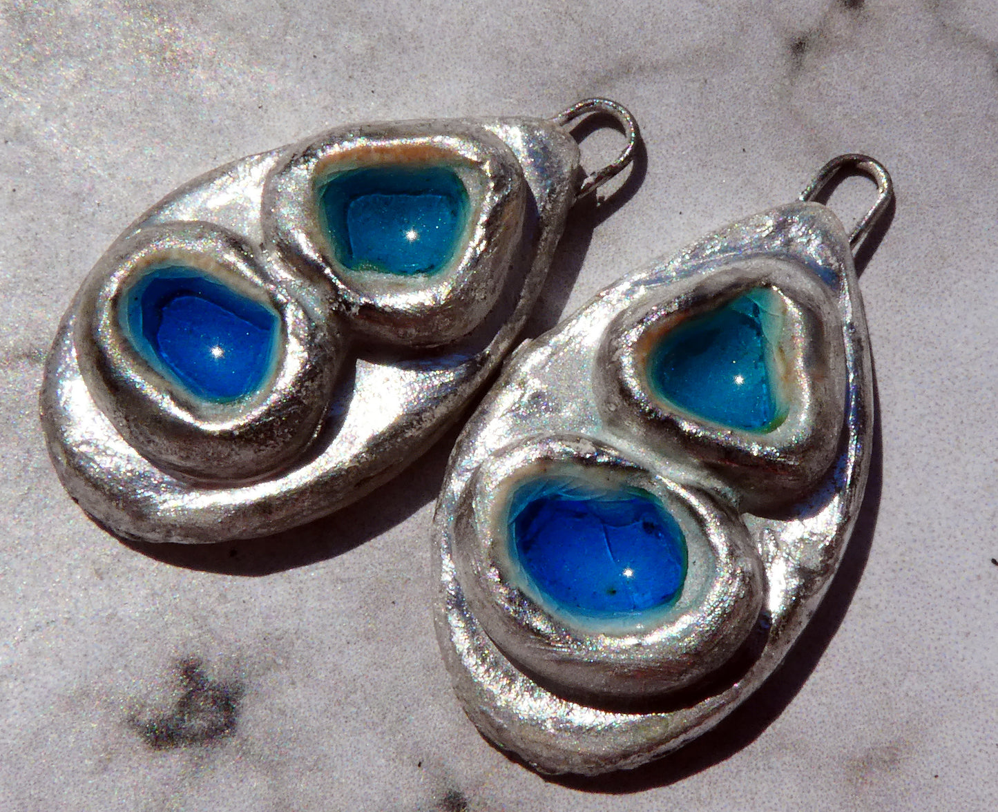 Ceramic and Silver Double Pool Enamel  Drops - Pale Turquoise and Turquoise