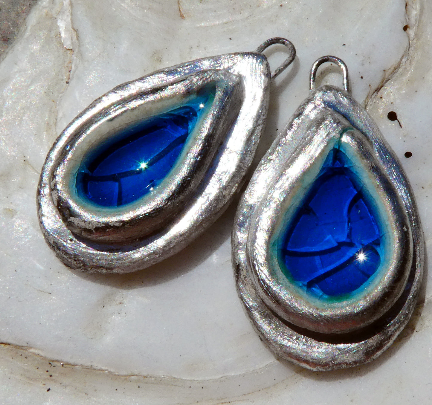 Ceramic and Silver Lagoon Enamel  Drops -Mid Blue