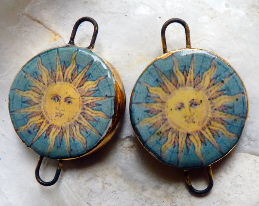 Ceramic Little Disc Vintage Sun Decal Earring Connectors #5