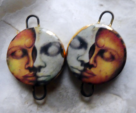 Ceramic Little Disc Vintage Sun and Moon Decal Earring Connectors #11