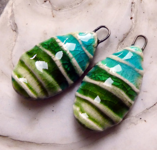 Ceramic Textured  Wave Tablet Charms - Greens