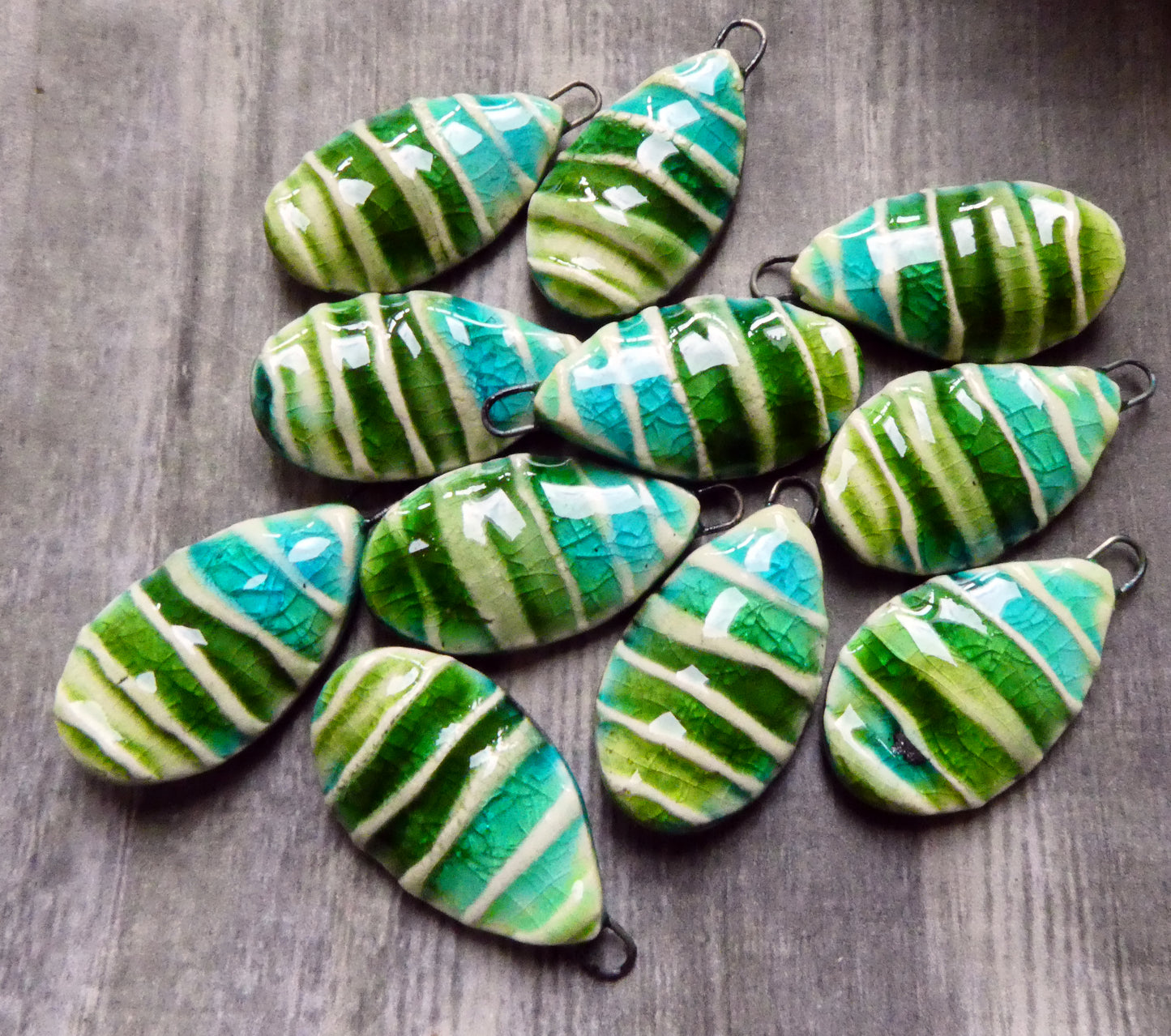 Ceramic Textured  Wave Tablet Charms - Greens