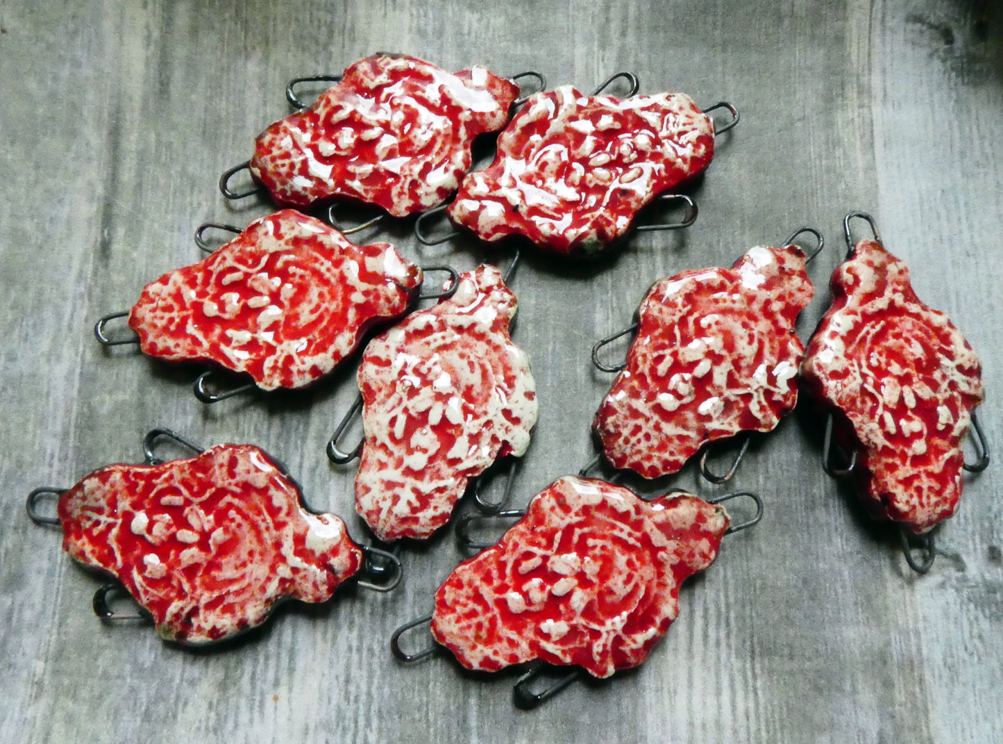 Ceramic Filligree Earring Connectors - Red