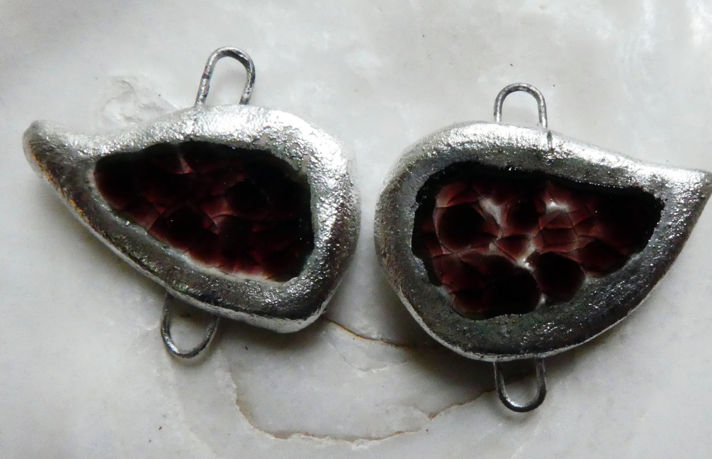 Ceramic Silver and Enamel Earring Connectors - Red Copper