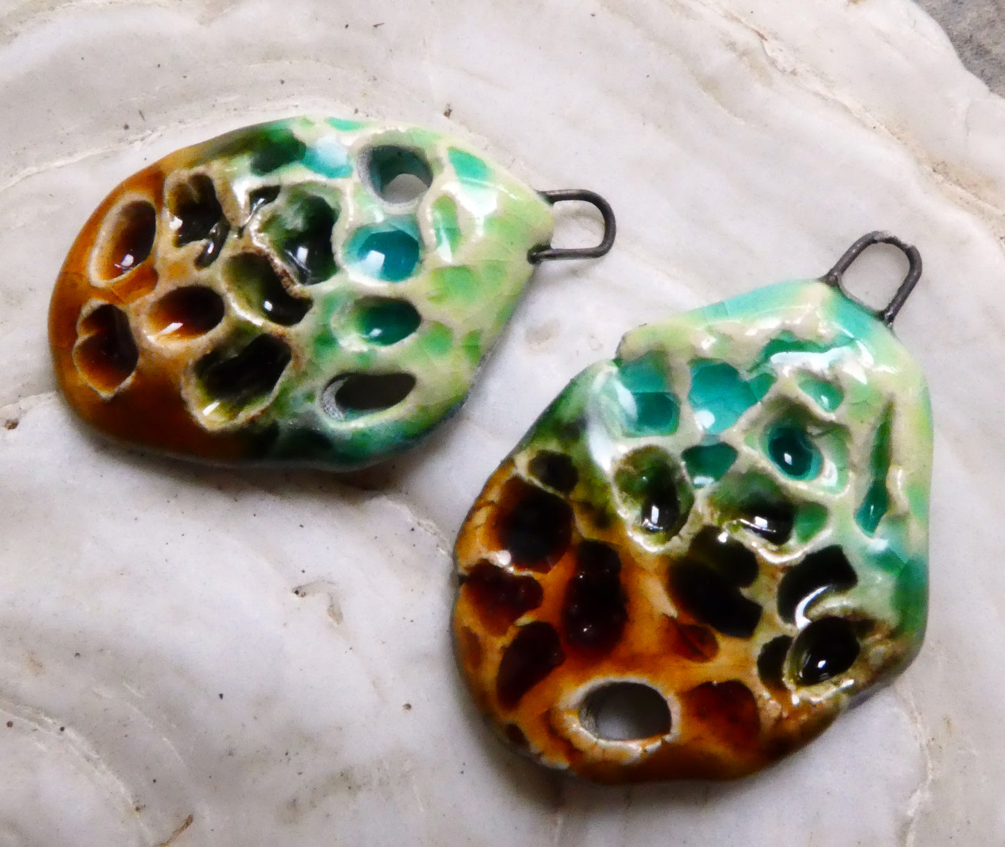 Ceramic Textured Enamel Earring Charms - Lime and Amber