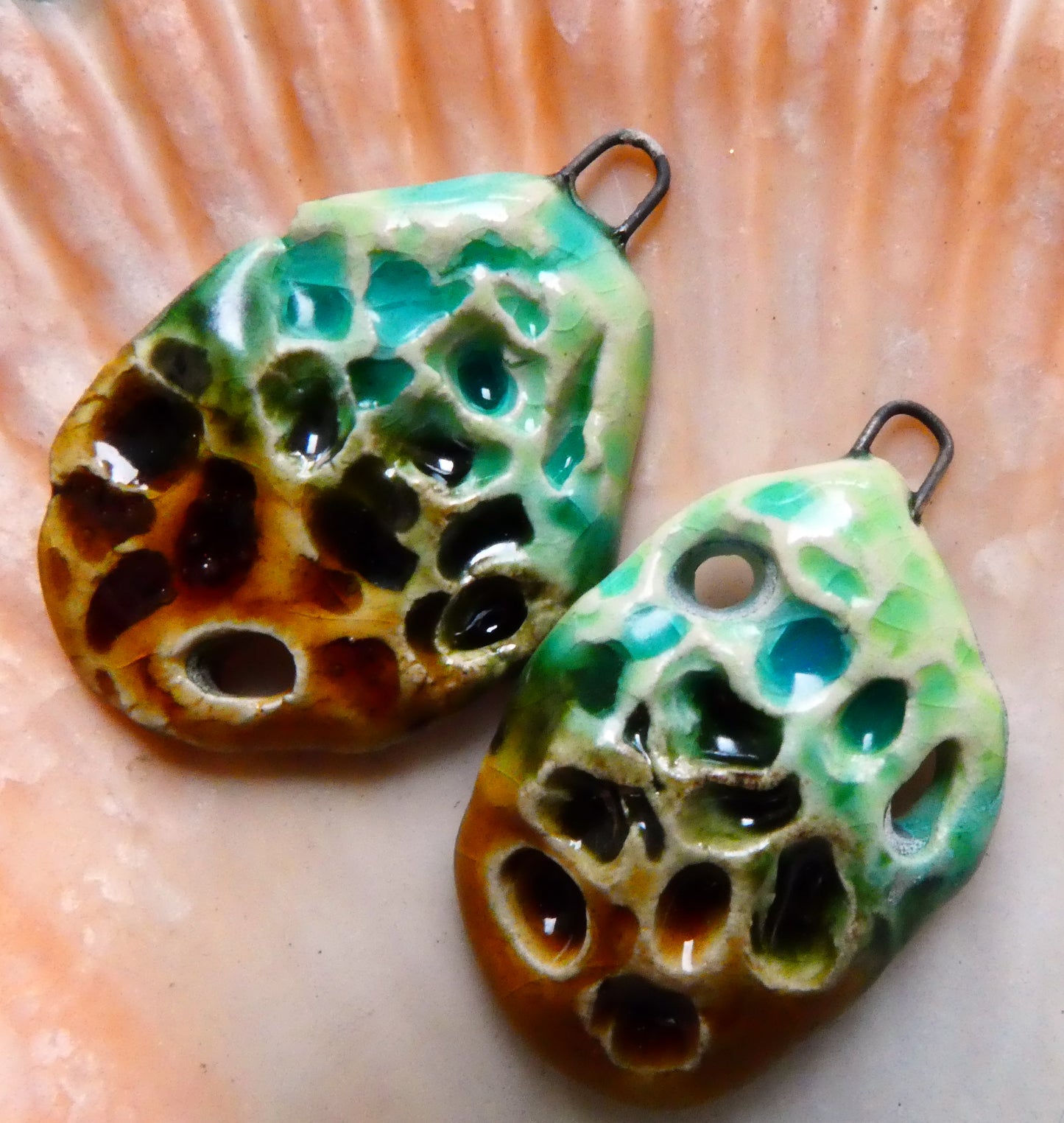 Ceramic Textured Enamel Earring Charms - Lime and Amber