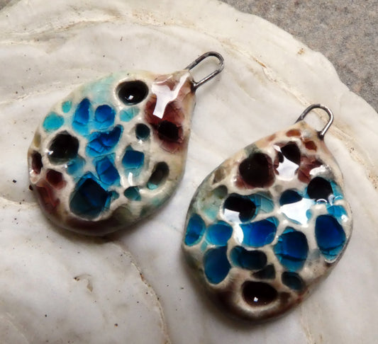 Ceramic Textured Enamel Earring Charms - Red Copper and Turquoise