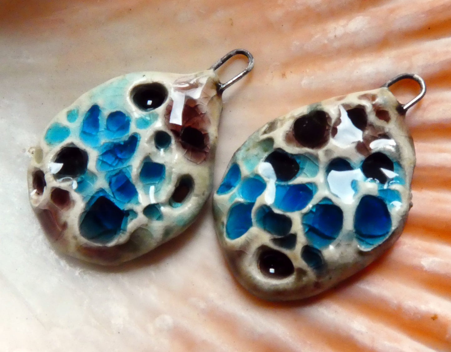 Ceramic Textured Enamel Earring Charms - Red Copper and Turquoise