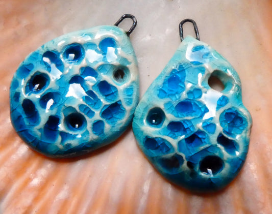 Ceramic Textured Enamel Earring Charms - Pale Turquoise and Turquoise