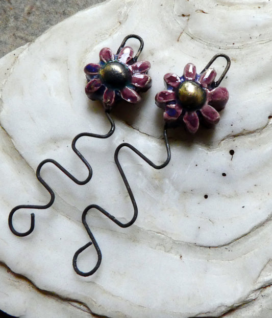 Ceramic Wavy Stem Flower Earring Charms -Plum Jelly