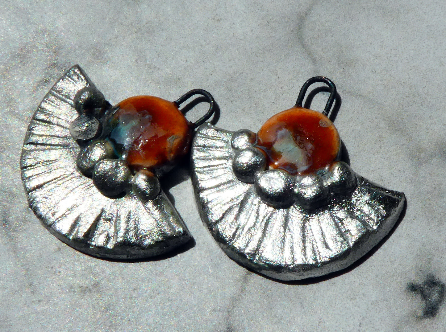 Ceramic Textured Half Disc Earring Charms - Vermillion Sunburst