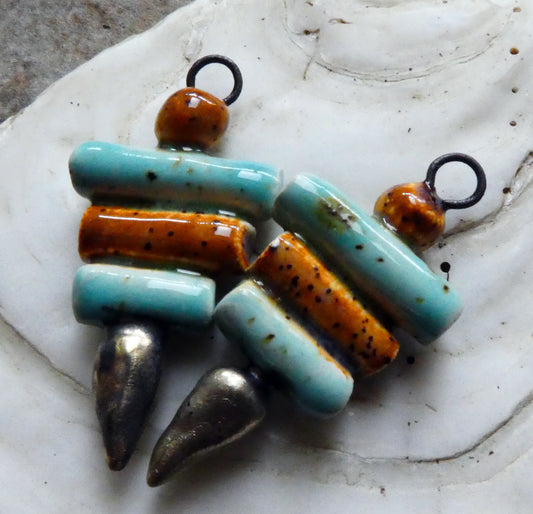 Ceramic Bobble,Stick and Spikelet Stack Earring Charms -Amber Ash and Blue Guppy