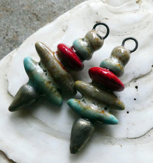 Ceramic Bobble,Disc and Spikelet Stack Earring Dangles -Stone, Antique Turquoise and Red