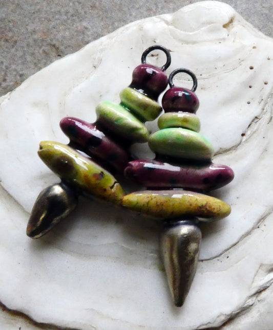 Ceramic Bobble,Disc and Spikelet Stack Earring Dangles - Peppered Raspberry, Pagoda and Lime