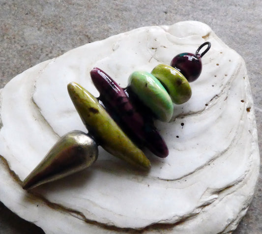 Ceramic Bobble,Disc and Spikelet Stack Necklace Dangle - Peppered Raspberry, Pagoda and Lime (Copy)