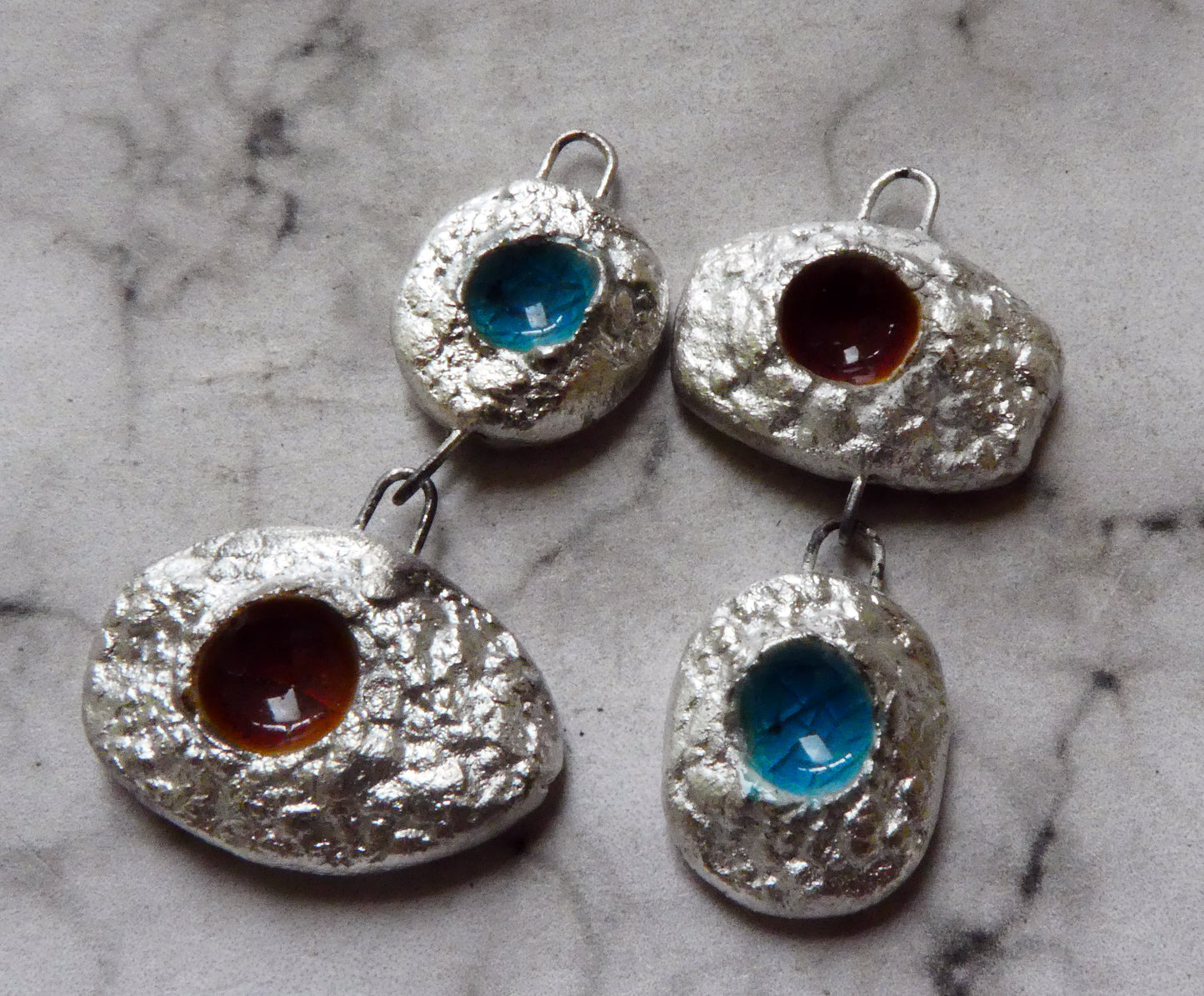 Ceramic Asymmetric Mixed Shape Textured Earring Dangles - Turquoise and Red Copper